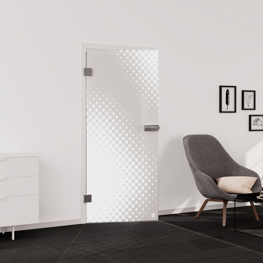 Living situation which shows the glass door with tempered safety glass (ESG) laserdecor JETTE DOTS 573 in the vision frosted PURE WHITE drilling Studio/Office revolving door DIN L