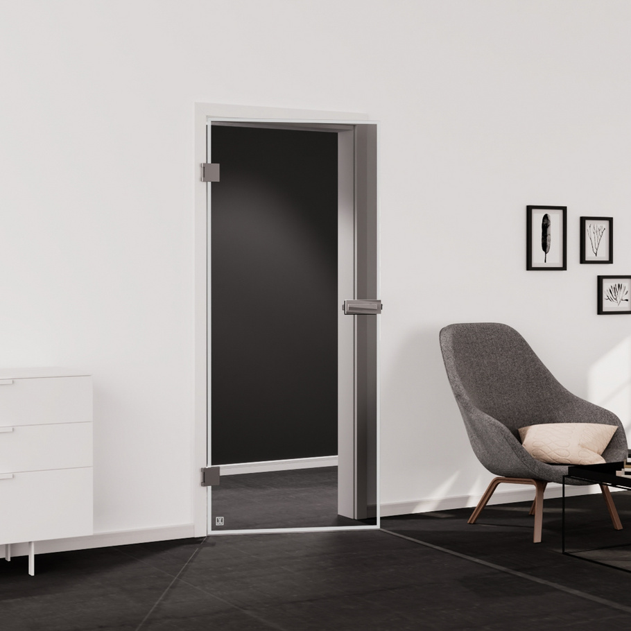 Living situation which shows the glass door with tempered safety glass (ESG) laserdecor JETTE FRAME 815 in the vision clear MOON GREY drilling Studio/Office revolving door DIN L