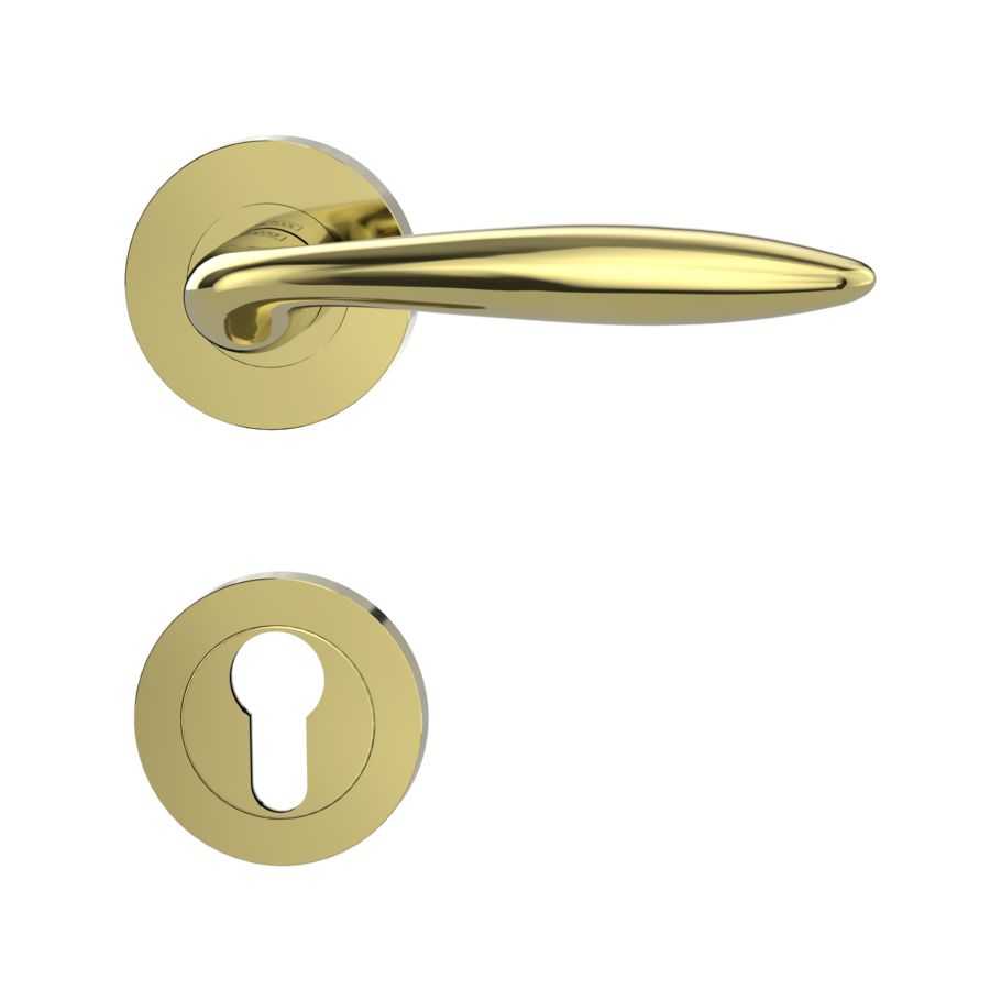 Freigestelltes Produktbild im idealen Blickwinkel fotografiert zeigt die GRIFFWERK Rosettengarnitur ALINA in der Ausführung Profilzylinder - Messing-Optik - Schraubtechnik