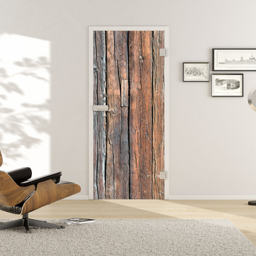 Wohnsituation mit zeigt die GRIFFWERK Glastür VSG Digital_697 in der Ausführung DIN rechts - Drehtür Bohrung Studio/Office - Verbundsicherheitsglas BASIC GREEN Digitaldruck (klar) 