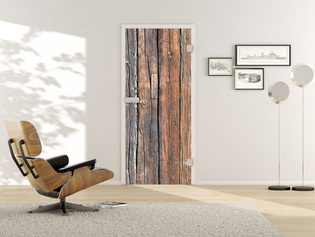 Living room with glass door VSG Digital_697, clear digital print, studio/office Living situation with shows the GRIFFWERK glass door VSG Digital_697 clear digital print in the version revolving door - DIN right - studio / office - laminated safety glass BASIC GREEN