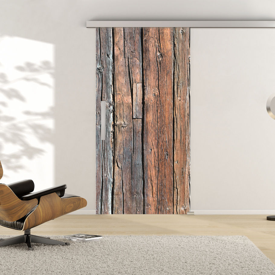 Ambientebild in Wohnraumsituation illustriert die Griffwerk Glasschiebetür VSG DIGITAL 697 in der Ausführung VSG PURE WHITE blickdicht