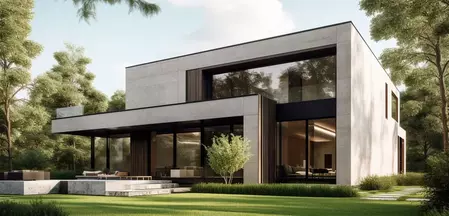 Das Bild zeigt ein Modernes Haus mit Beton Fassade