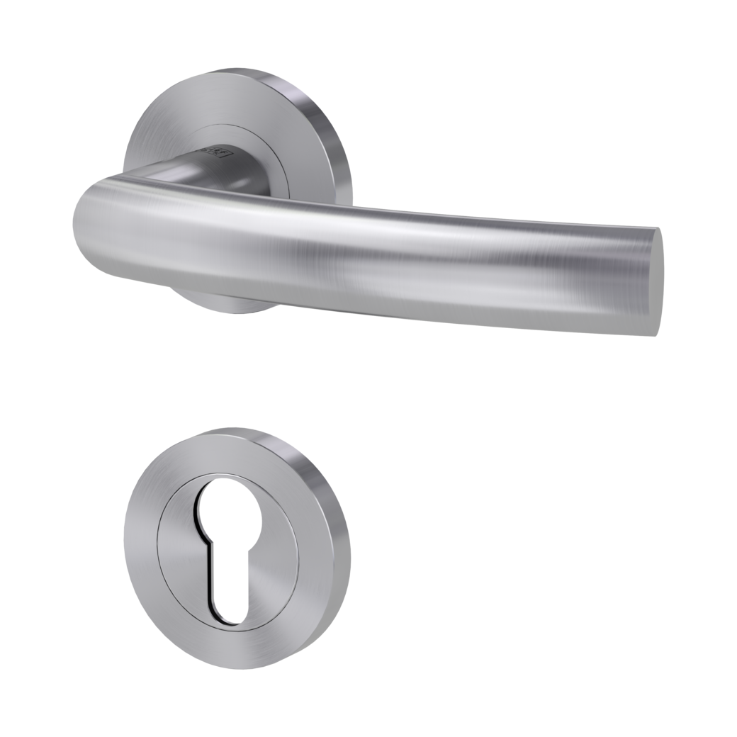 LORITA PROF door handle set Screw-on system panic round escutcheons Satin stainless steel profile cylinder