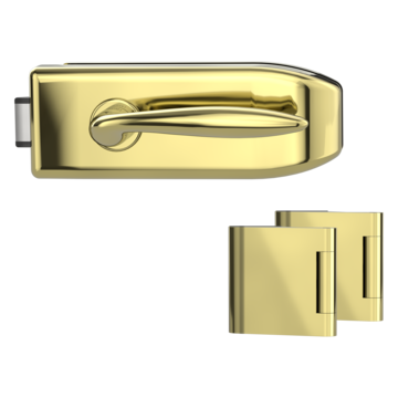 Silhouette product image in perfect product view shows the Griffwerk glass door lock set CREATIVO in the version unlockable, brass look, 2-part hinge set with the handle pair ALINA