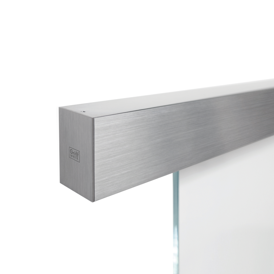 Silhouette product image in perfect product view shows the Griffwerk sliding system PLANEO 120 COMF for glass door, 1-leaf, brushed steel look