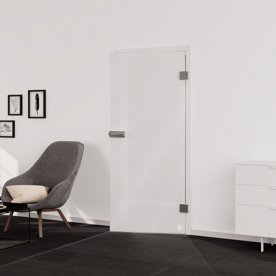 Living situation which shows the glass door with tempered safety glass (ESG) laserdecor JETTE WAVE 563 in the vision frosted PURE WHITE drilling Studio/Office revolving door DIN R