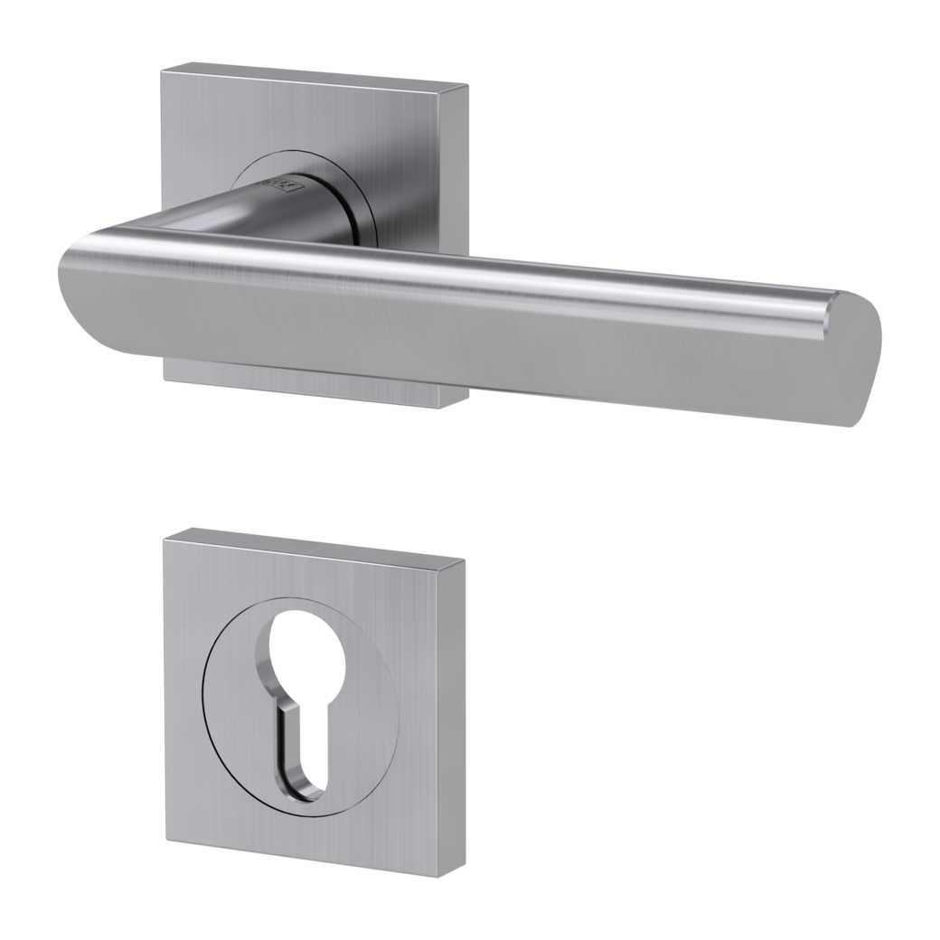 TRI 134 door handle set Screw-on sys.GK3 straight-edged escut. Satin stainless steel profile cylinder