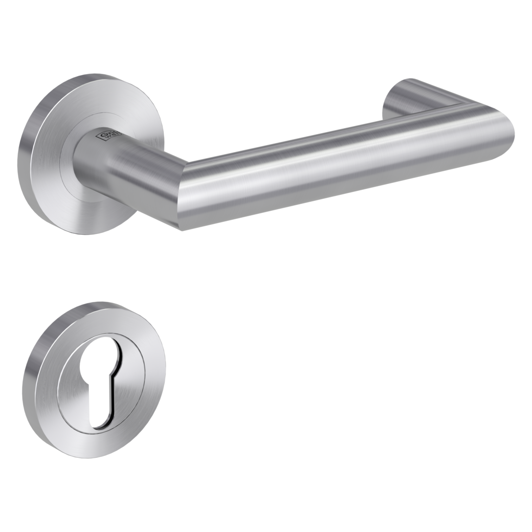 LUCIA PROF door handle set Screw-on system panic round escutcheons Satin stainless steel profile cylinder
