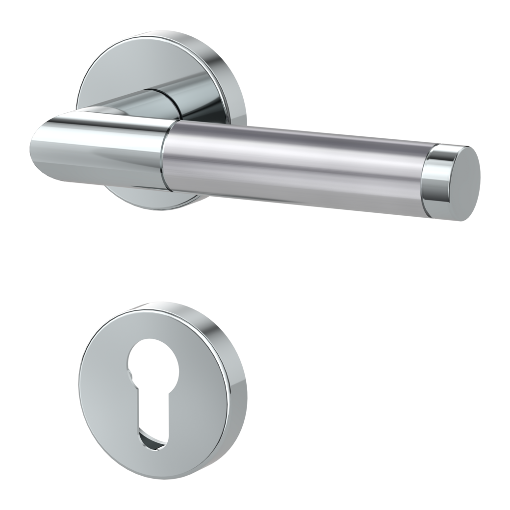 LOREDANA door handle set Clip-on system GK3 round escutcheons Pol.satin st.steel profile cylinder