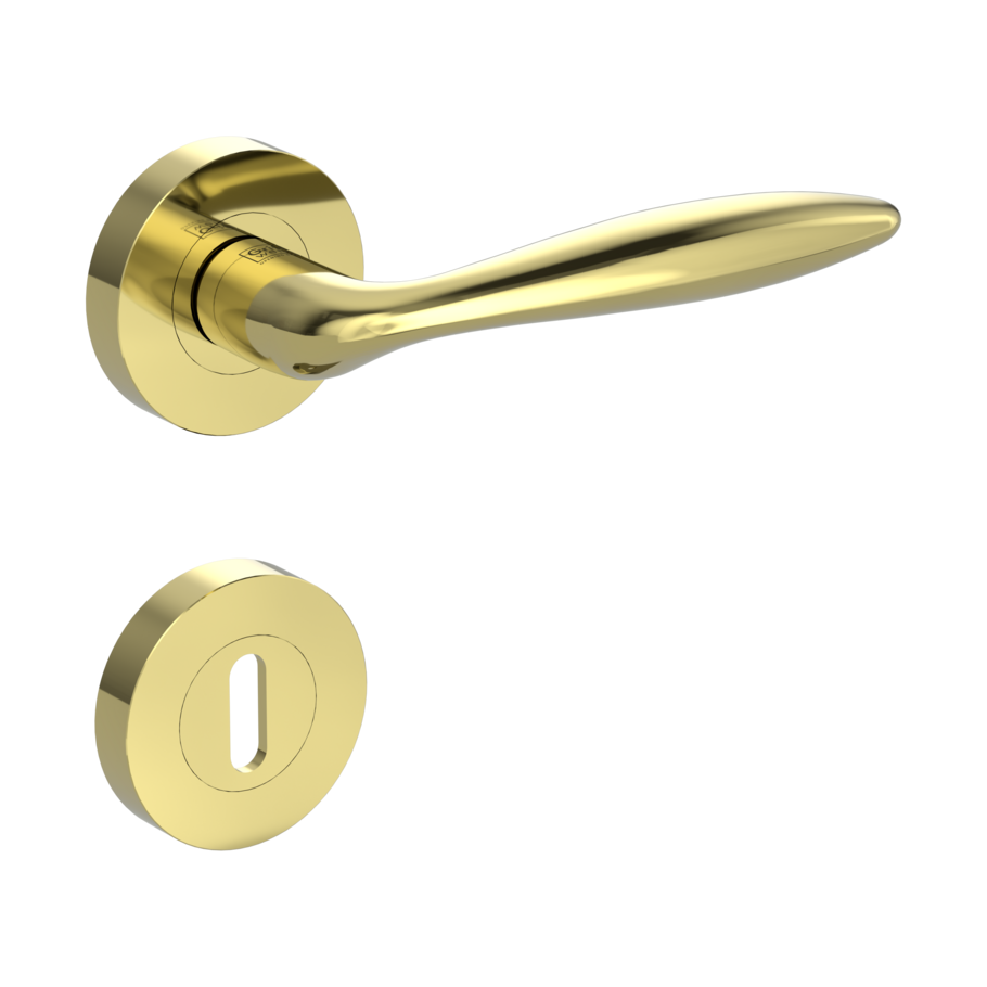 Isolated product image in the right-turned angle shows the GRIFFWERK rose set ALINA in the version mortice lock - brass look - screw on technique