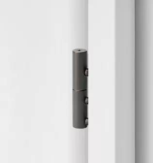 2-part wooden door hinge in the surface cashmere grey, shown in a white wooden door frame