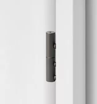 2-part wooden door hinge in the surface cashmere grey 2-part wooden door hinge in the surface cashmere grey, shown in a white wooden door frame