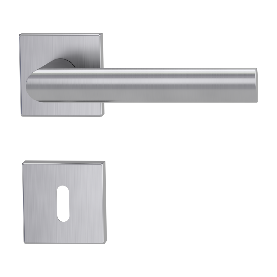 Isolated product image in perfect product view shows the GRIFFWERK rose set square OVIDA QUATTRO in the version mortice lock - brushed steel - clip on technique