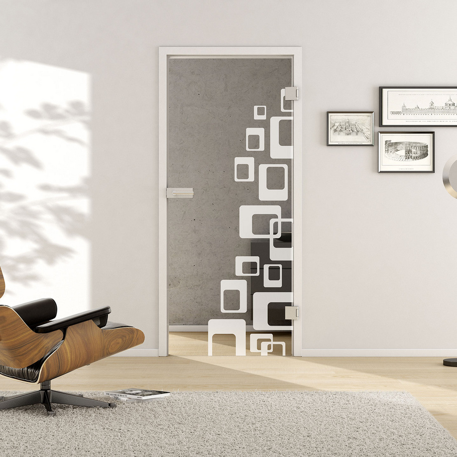 Wohnsituation mit zeigt die GRIFFWERK Glastür Deco_LD_608 in der Ausführung DIN rechts - Drehtür Bohrung Studio/Office - Einscheibensicherheitsglas PURE WHITE Laser einseitig 