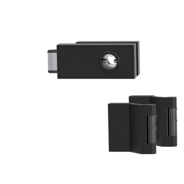 Freigestelltes Produktbild im idealen Blickwinkel fotografiert zeigt das Griffwerk Glastürbeschlagset CUBE in der Version unverschließbar, Graphitschwarz, 3-teiliger Bandsatz