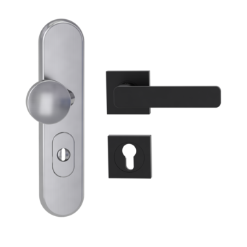 Silhouette product image in perfect product view shows the Griffwerk security combi set TITANO_882 in the version cylinder cover, square, brushed steel, clip on with the door handle MINIMAL MODERN
