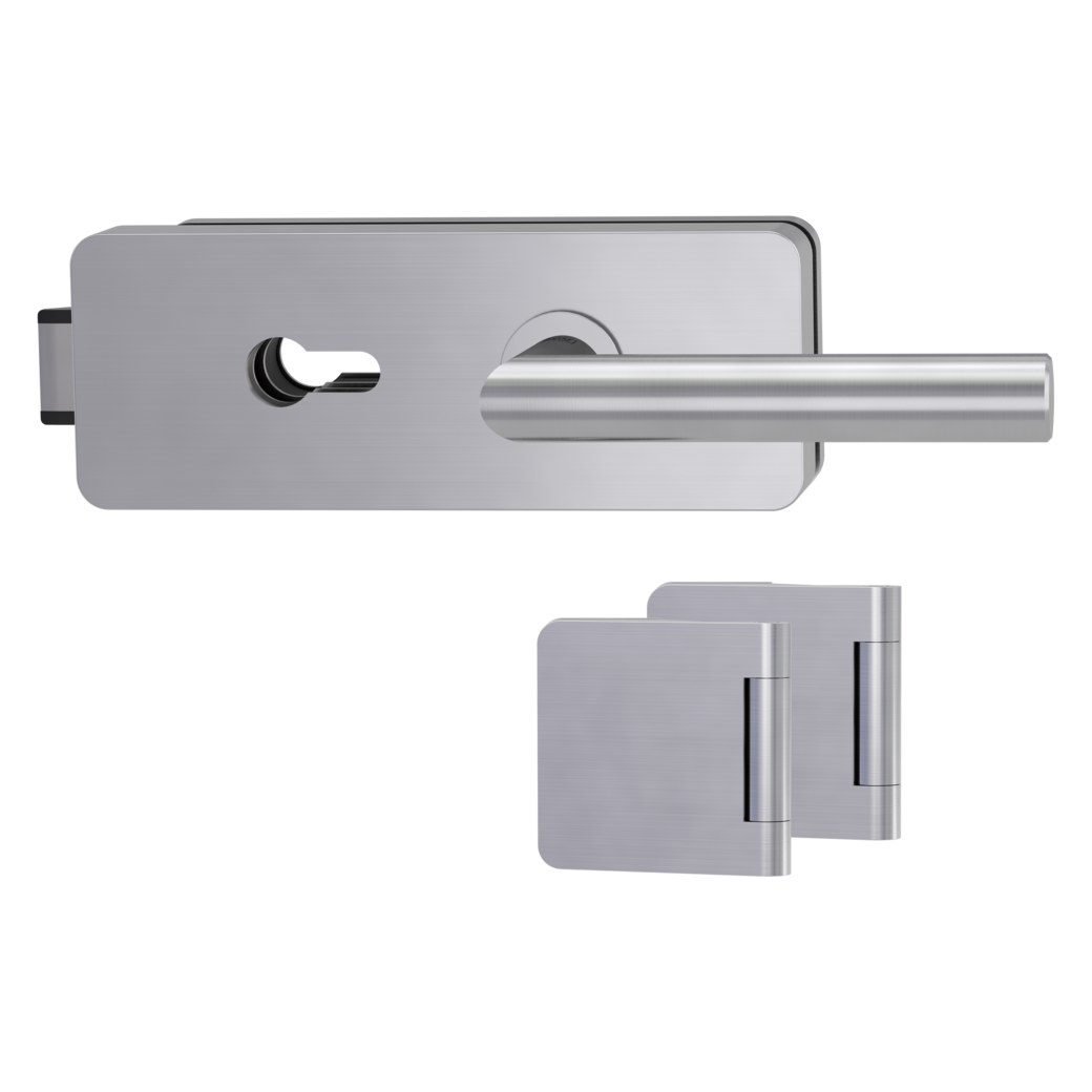 glass door lock set GATE euro profile silent 3-part hinges LUCIA PROF brushed steel look