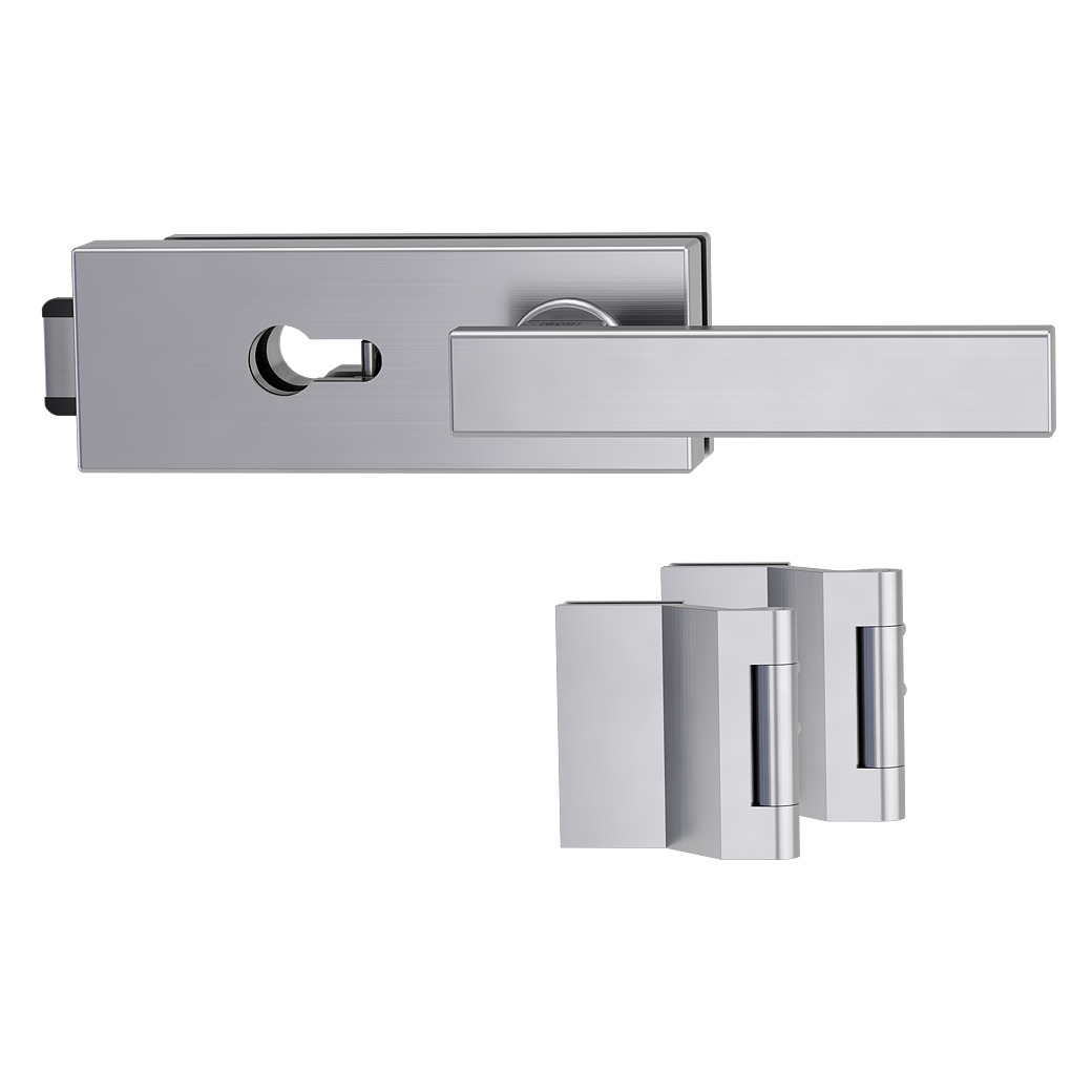 PURISTO S glass door fitting set Profile cylinder whisper 3-pc. hinges VAYA 200 CUBICO satin stainless steel