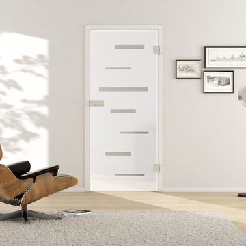Wohnsituation mit zeigt die GRIFFWERK Glastür R8 HORIZONTAL_511 in der Ausführung DIN rechts - Drehtür Bohrung Studio/Office - Einscheibensicherheitsglas PURE WHITE Siebdruck 