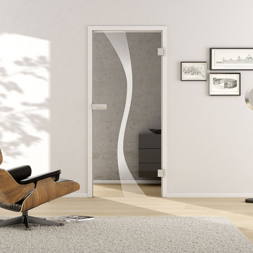 Wohnsituation mit zeigt die GRIFFWERK Glastür Deco_LD_583 in der Ausführung DIN rechts - Drehtür Bohrung Studio/Office - Einscheibensicherheitsglas PURE WHITE Laser einseitig 