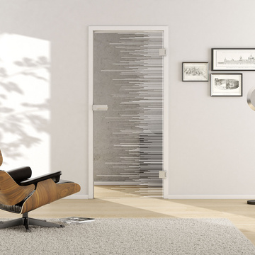 Wohnsituation mit zeigt die GRIFFWERK Glastür Lines_LD_604 in der Ausführung DIN rechts - Drehtür Bohrung Studio/Office - Einscheibensicherheitsglas PURE WHITE Laser einseitig 