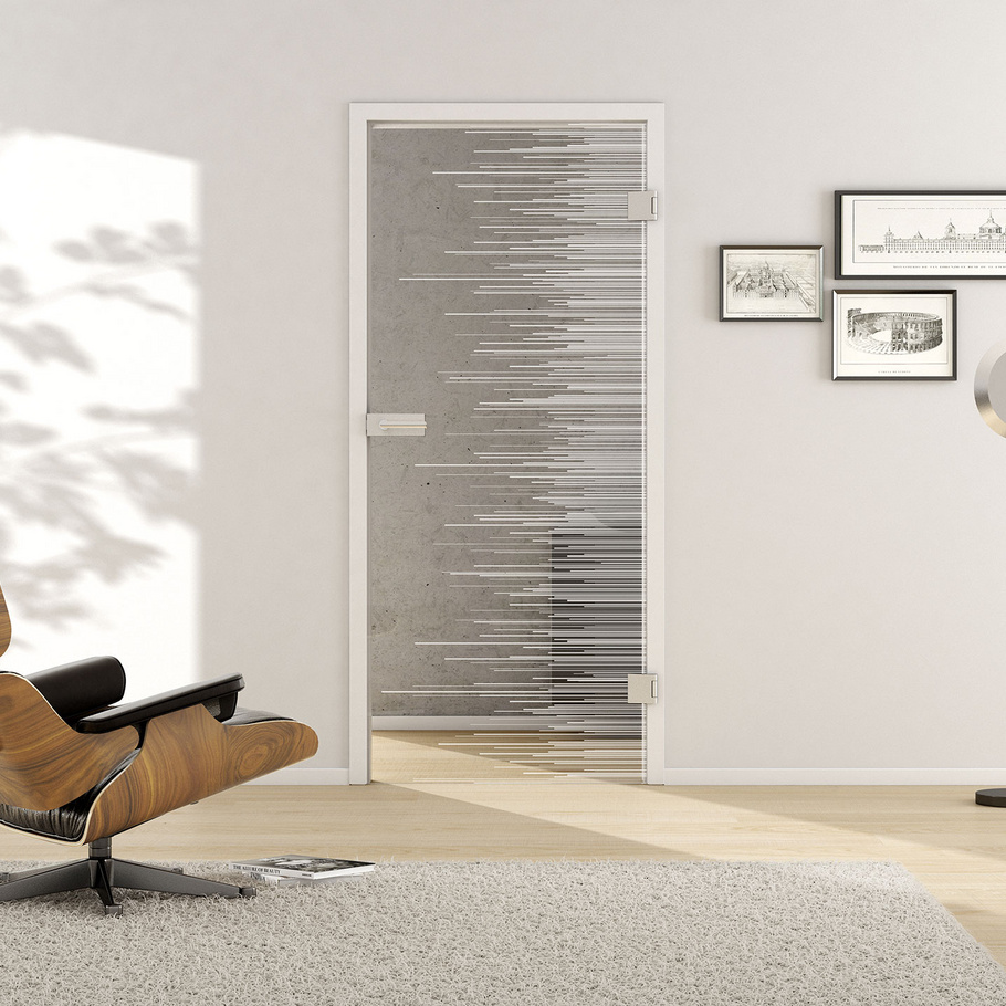 Living situation with shows the GRIFFWERK glass door Lines_LD_604 laser one side in the version revolving door - DIN right - studio / office - tempered safety glass PURE WHITE 