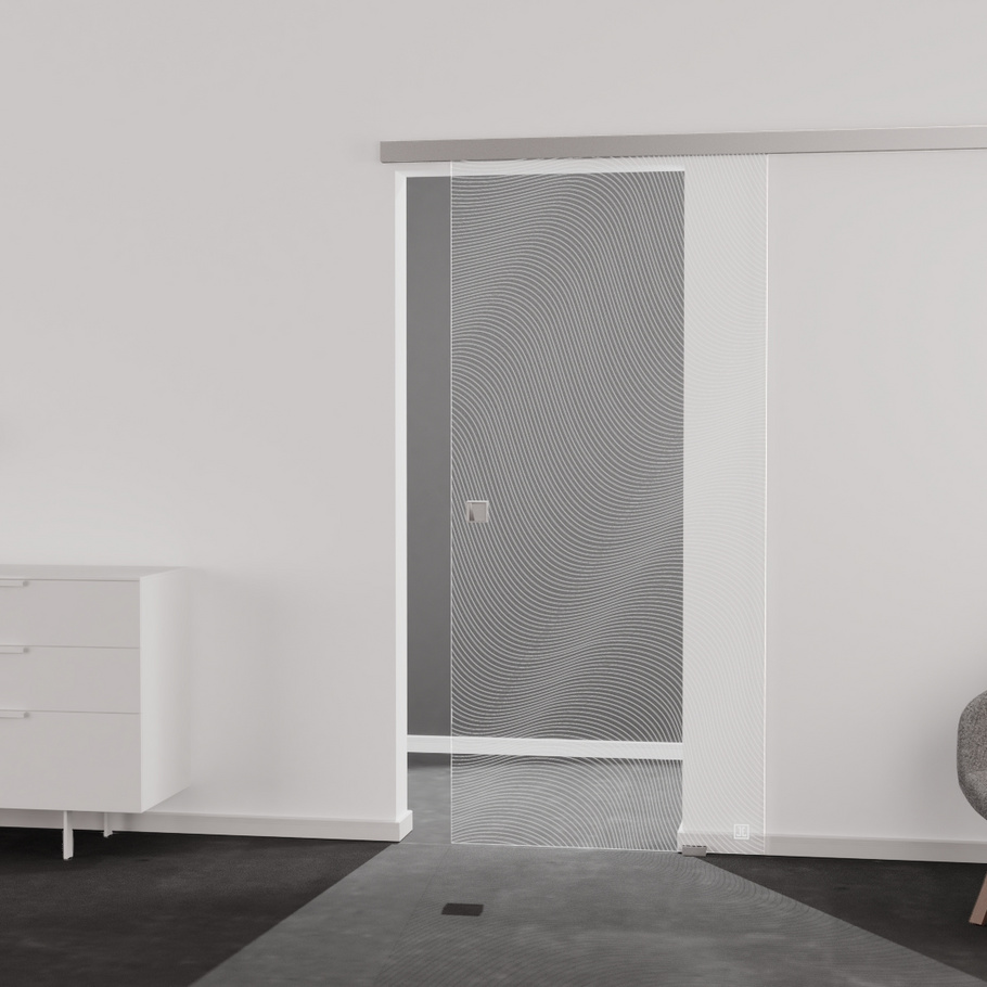 Living situation which shows the glass door with tempered safety glass (ESG) laserdecor JETTE WAVE 563 in the vision clear PURE WHITE drilling Studio/Office sliding door