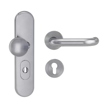 Silhouette product image in perfect product view shows the Griffwerk security combi set TITANO_882 in the version cylinder cover, round, brushed steel, clip on with the door handle ALESSIA PROF