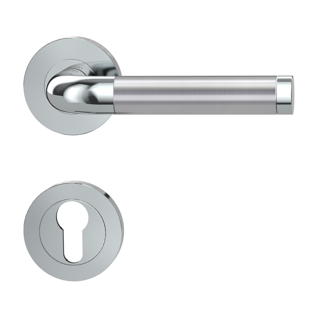 door handle set SIMONA screw on cl4 rose set round euro profile chrome/brushed steel