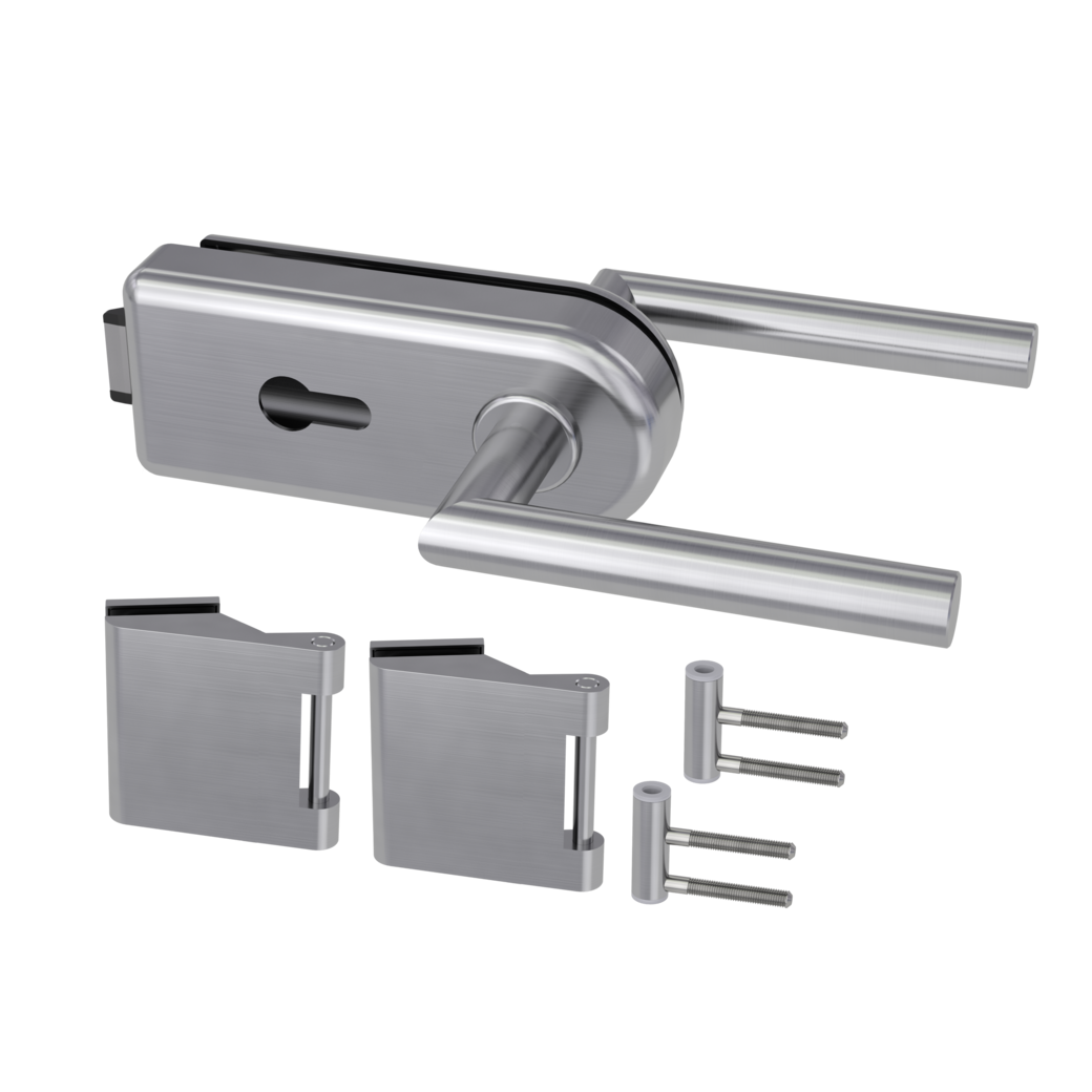 SMILE glass door fitting set Quiet profile cylinder 3-pc. hinges L-FORM ﻿satin stainless steel effect﻿