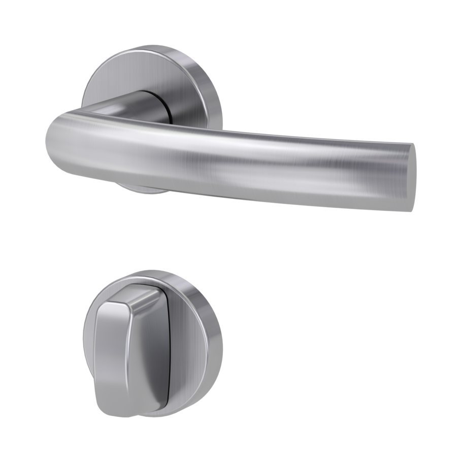 Isolated product image in the left-turned angle shows the GRIFFWERK rose set LORITA in the version turn and release - brushed steel - clip on technique inside view 