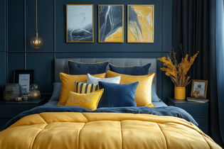 Dormitorio azul y amarillo La imagen muestra un dormitorio azul y amarillo