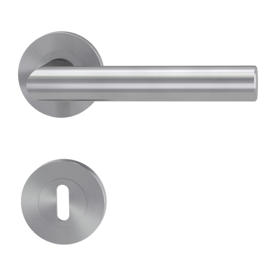 Isolated product image in perfect product view shows the GRIFFWERK rose set LUCIA PROF in the version mortice lock - brushed steel - screw on technique