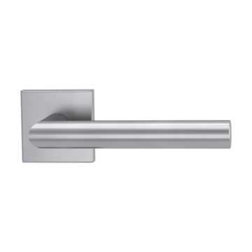 The image shows the Griffwerk door handle set LUCIA SQUARE in the version with rose set square unlockable clip on brushed steel