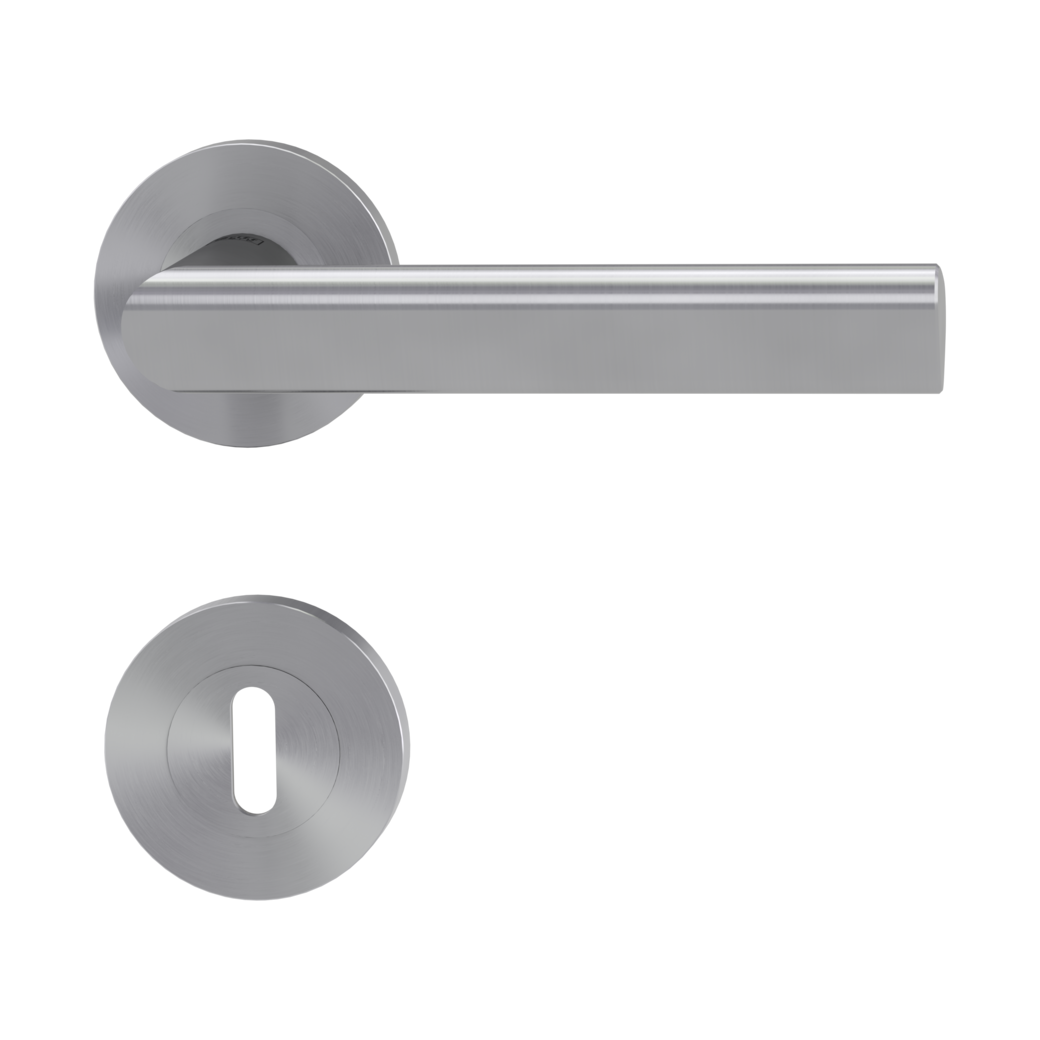 TRI 134 door handle set Screw-on system GK3 round escutcheons Satin stainless steel cipher bit