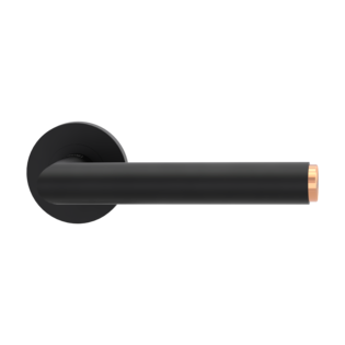 The image shows the Griffwerk door handle set LUCIA SELECT in the version with rose set round unlockable screw on graphite black/copper