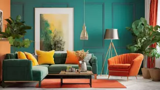 The picture shows a living room in color blocking style.