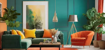 Das Bild zeigt ein Wohnzimmer im Colour Blocking Stil.