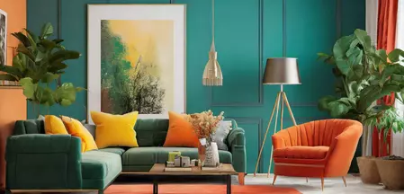 La imagen muestra un salón en estilo colour blocking.