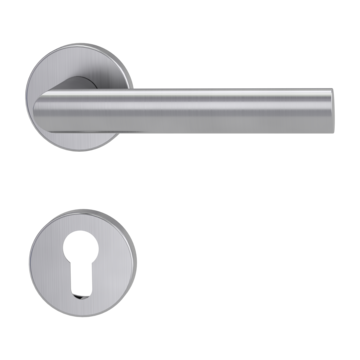 Isolated product image in perfect product view shows the GRIFFWERK rose set OVIDA in the version euro profile - brushed steel - clip on technique