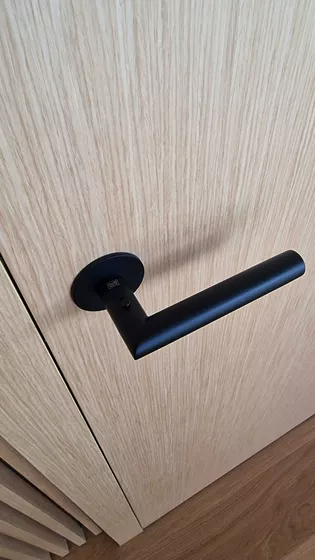 Die Abbildung zeigt den Türgriff LUCIA smart2lock in Graphitschwarz an einer Tür.