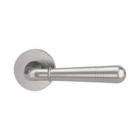 The image shows the Griffwerk door handle set FABIA in the version with rose set round unlockable screw on velvety grey