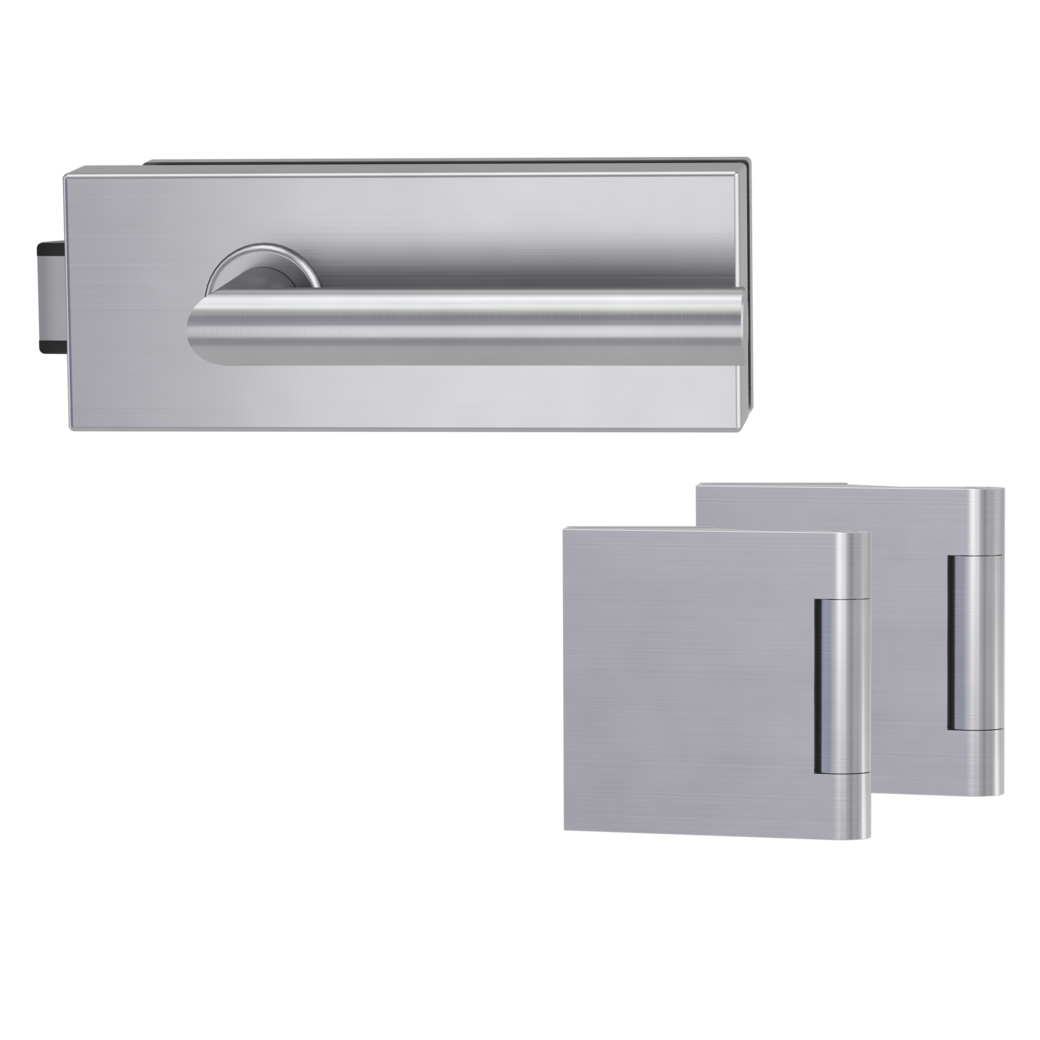 FABRICO glass door fitting set not lockable quiet 3-pc. hinges L-FORM ﻿satin stainless steel effect﻿