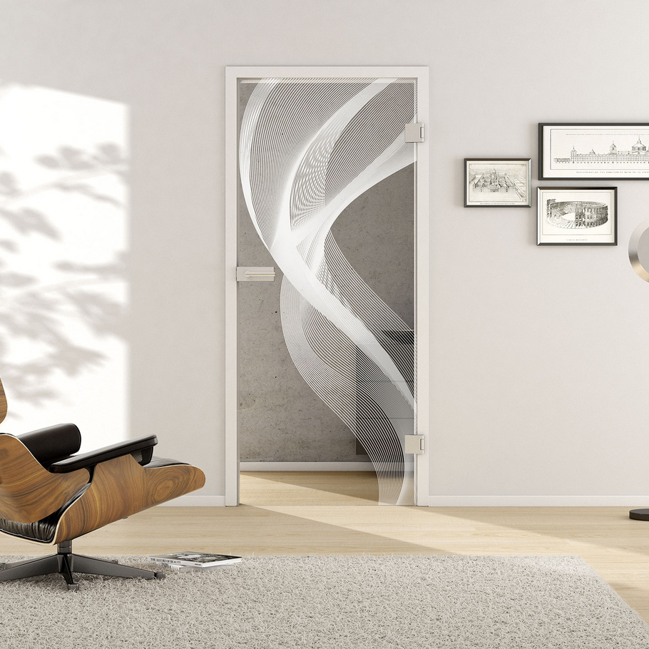Wohnsituation mit zeigt die GRIFFWERK Glastür 3D_LD_636 in der Ausführung DIN rechts - Drehtür Bohrung Studio/Office - Einscheibensicherheitsglas PURE WHITE Laser einseitig 