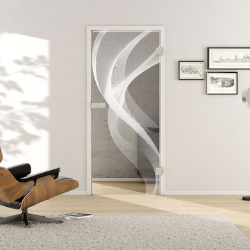 Living situation with shows the GRIFFWERK glass door 3D_LD_636 laser one side in the version revolving door - DIN right - studio / office - tempered safety glass PURE WHITE 