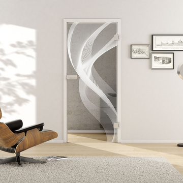 Wohnsituation mit zeigt die GRIFFWERK Glastür 3D_LD_636 in der Ausführung DIN rechts - Drehtür Bohrung Studio/Office - Einscheibensicherheitsglas PURE WHITE Laser einseitig 