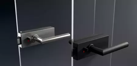 La Caja de cerradura para puerta de cristal PURISTO S está disponible en Acero inoxidable mate o Negro grafito.