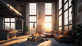 A large living room in industrial style at sunrise. Large windows let in warm light and illuminate the untreated wooden furniture, the unplastered walls and the exposed pipes. The concrete floor and open room layout give the room a rustic flair.