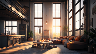 Ein großes Wohnzimmer im Industrial Style bei Sonnenaufgang. Große Fenster lassen warmes Licht herein und beleuchten die unbehandelten Holzmöbel, die unverputzten Wände und die freiliegenden Rohre. Der Betonboden und die offene Raumgestaltung verleihen dem Raum ein rustikales Flair.